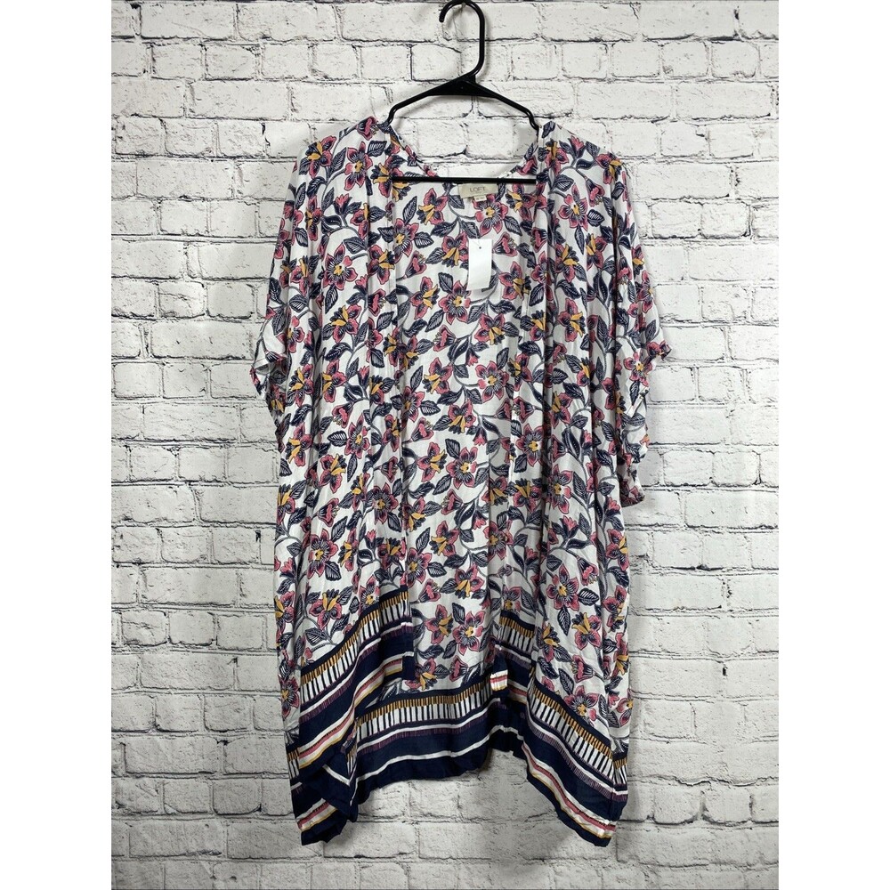 LOFT Outlet Women Floral Kimono Cardigan Open Front Border Print Navy Pink XS/S